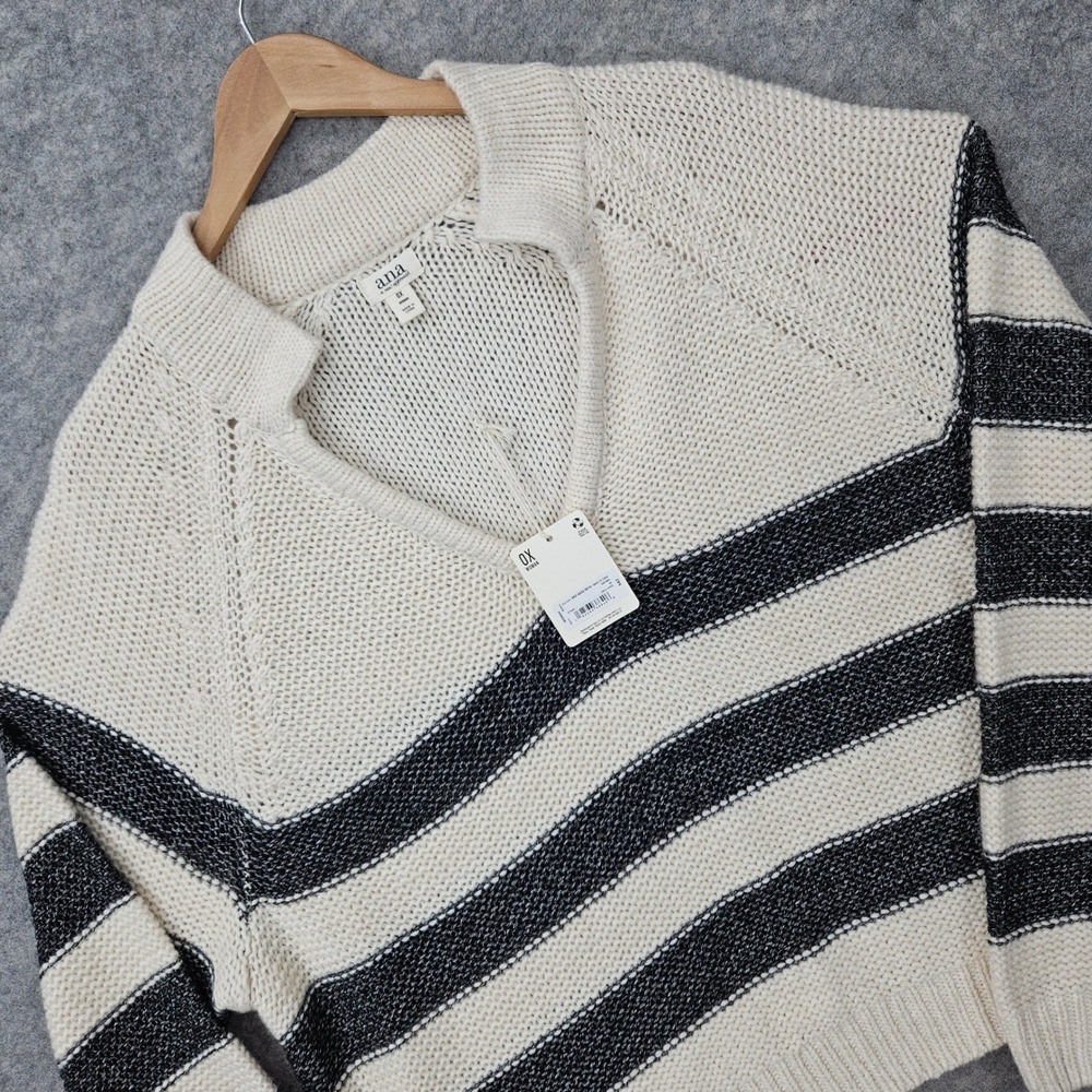 NEW Ana Sweater Women's 0X Birch Stripe V-Neck Long Sleeve Chunky Knit Pullover
